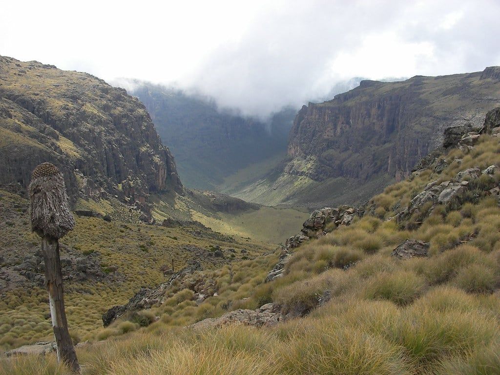 View overlooking the steep cliffs of the Gorges Valley along the Chogoria route on Mount Kenya.