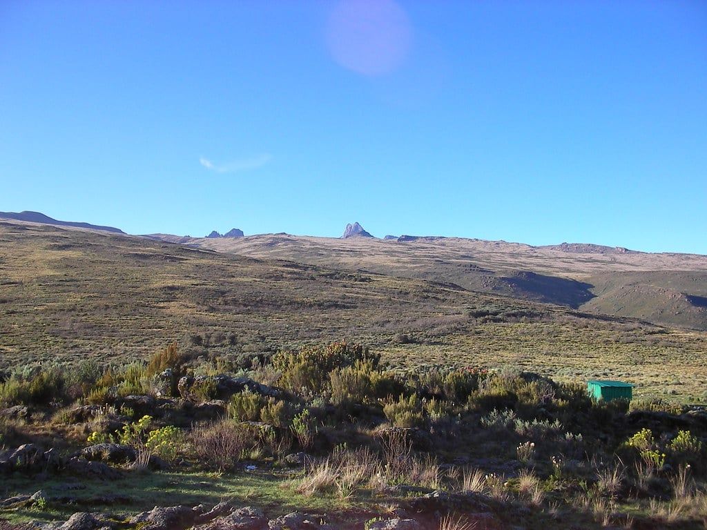 Open moorland with a small green shelter near Old Moses Camp, with the peaks of Mount Kenya visible on the horizon.