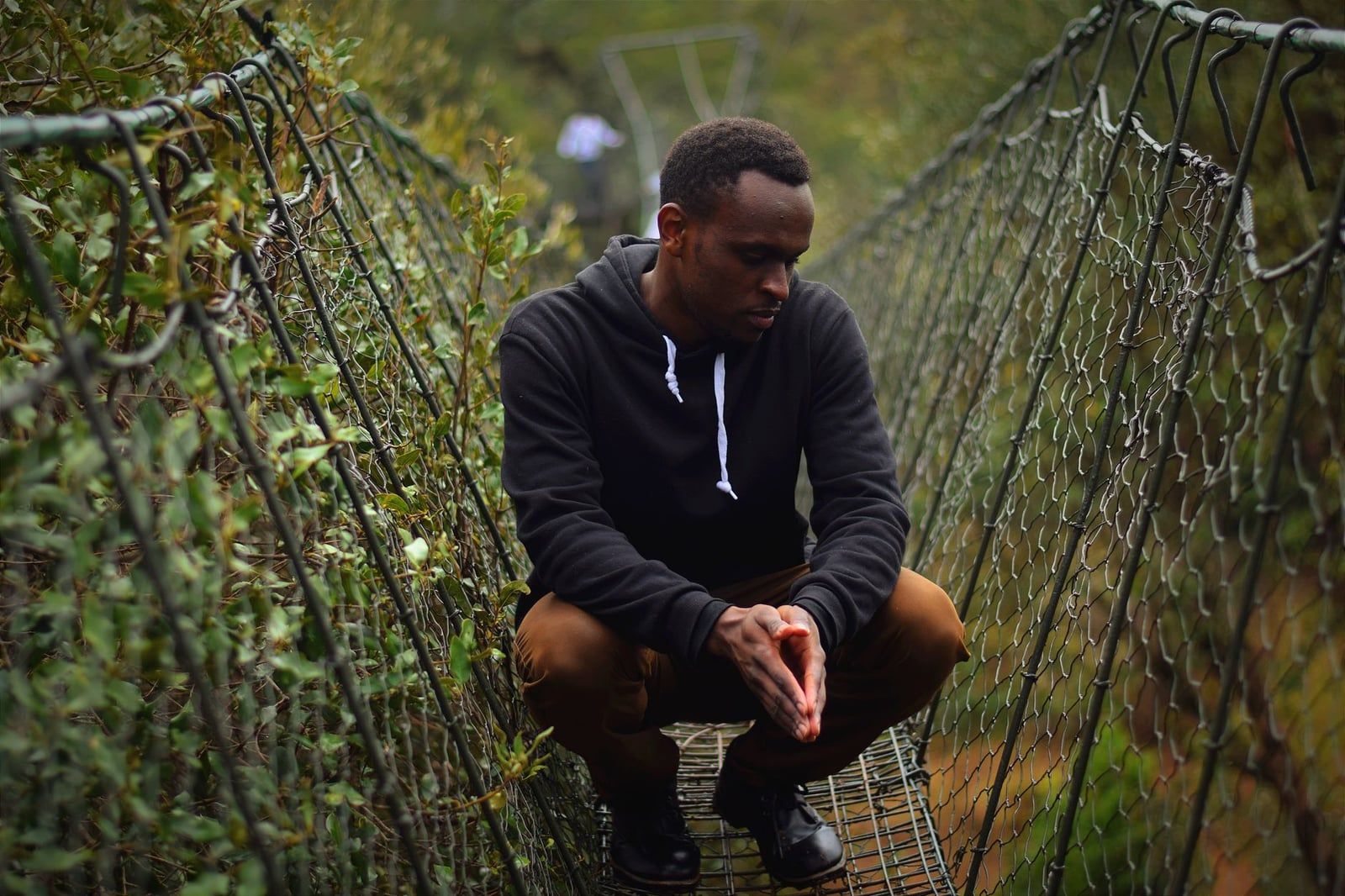 A visitor crouches on the suspended wire-mesh canopy walkway in Ngare Ndare Forest near Mount Kenya.
